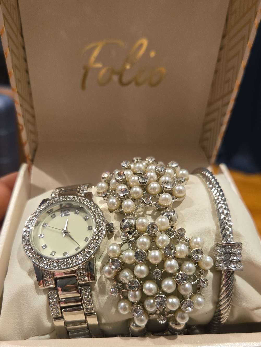 Silver-Tone Pearl & Crystal Bracelet Watch Set